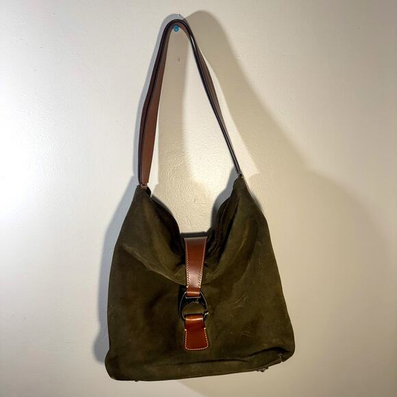 Dooney & Bourke Suede Slouchy Hobo Bag |Olive Green | Red Lining | Gold 'C' Logo - Picture 1 of 10